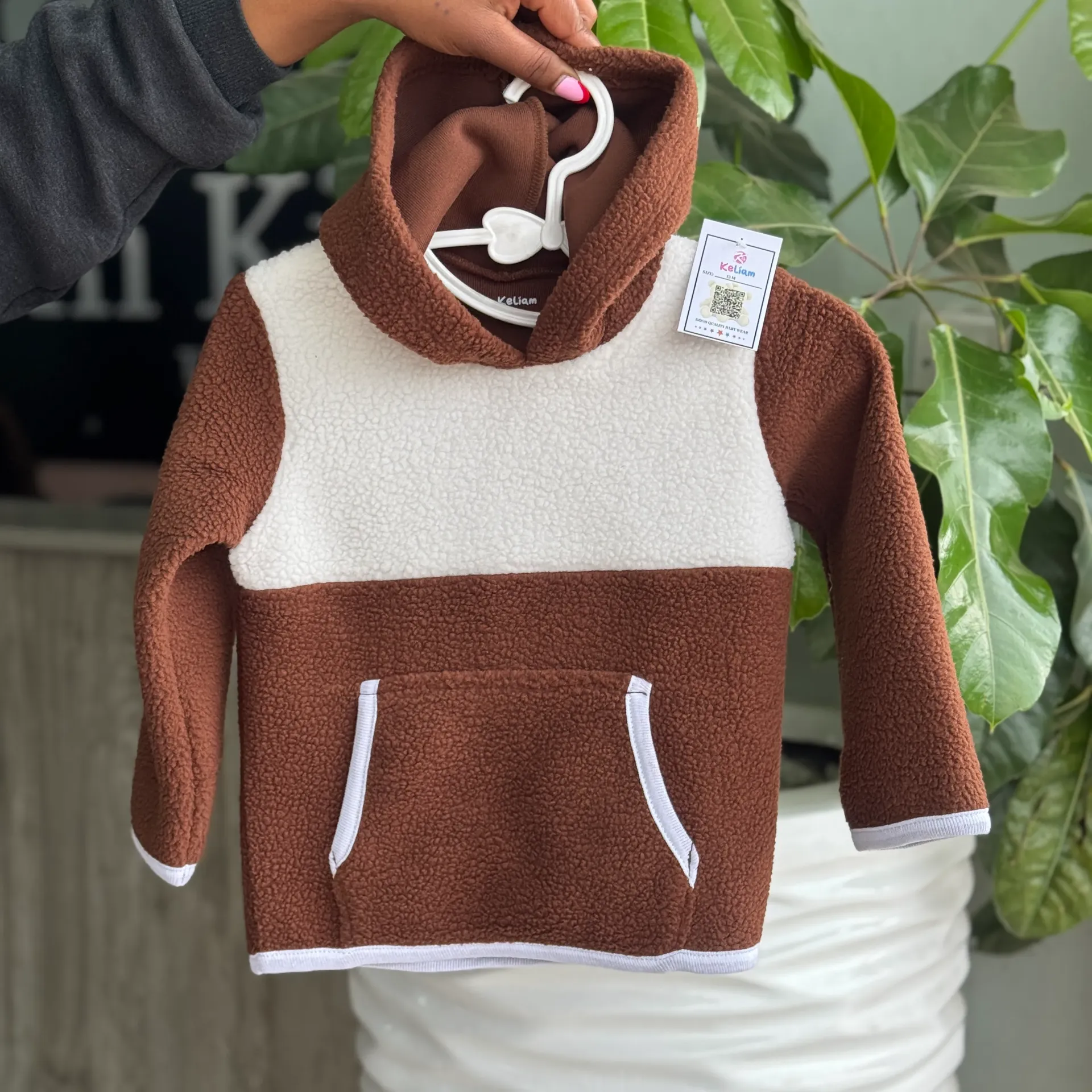 [NCL-0531-12M-BRN-WHT] Hooded Fleece Sweater with Front Pockets - KKB (12M, Brown with White)